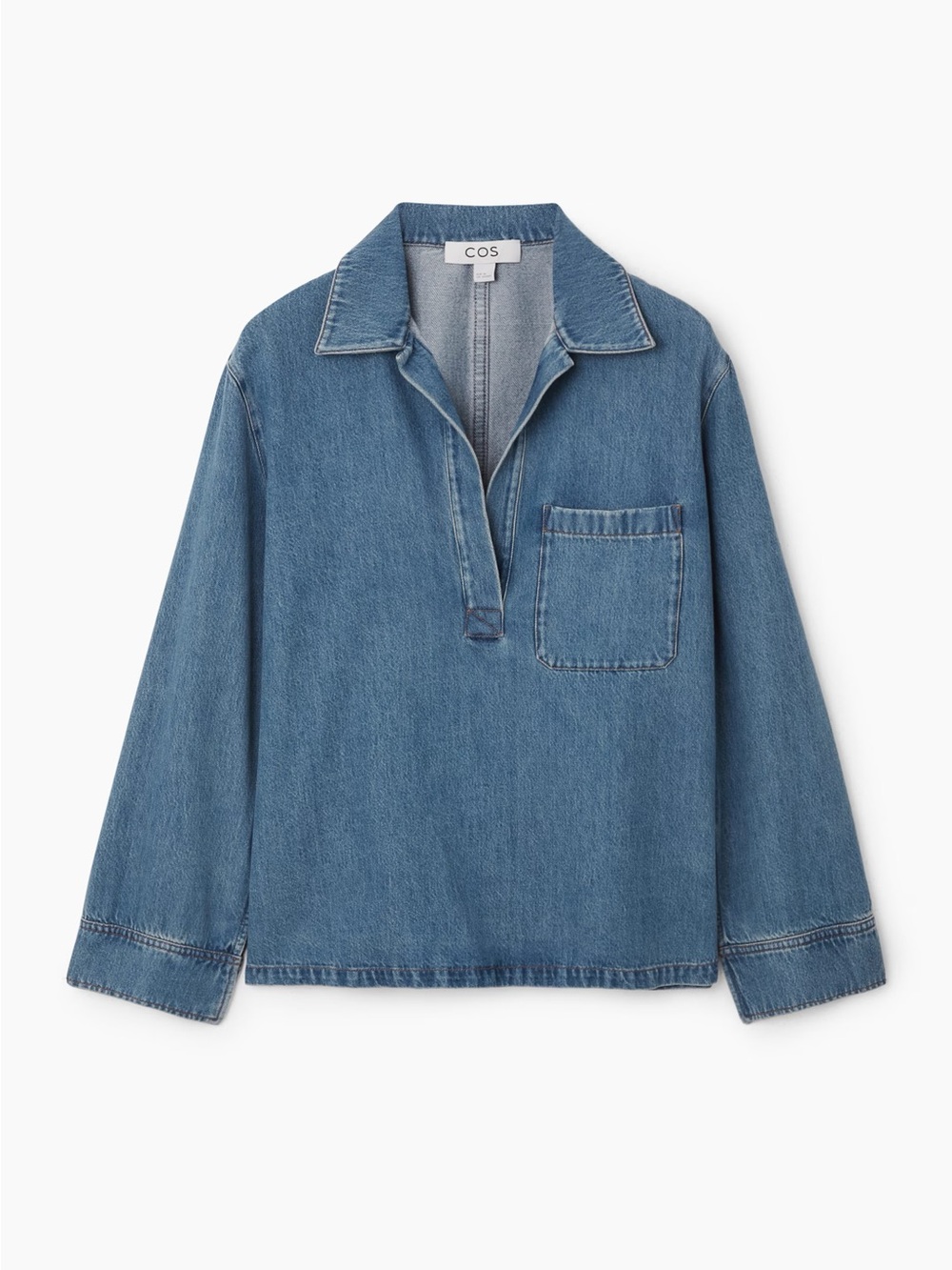 COS Collared V-Neck Denim Top in Washed Blue